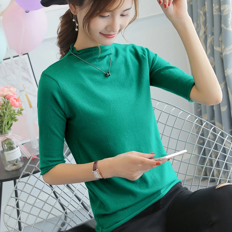 

and autumn new style, women's half-high collar sweater, women's loose half-sleeve bottom jacket, five-sleeve jacket