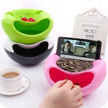 

Lazy Snack Bowl Seeds Nuts Candy And Dry Fruits Storage Box Creative Shape Two Layers With Phone Holder For TV