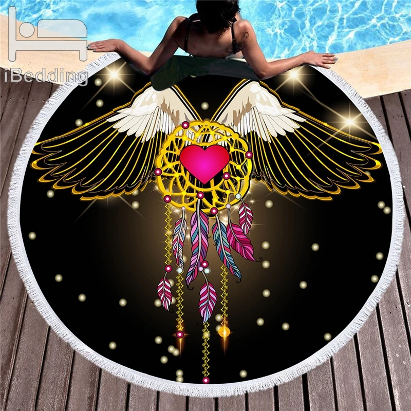 Dreamcatcher Bohemia Printed Black Tassel Tapestry Large Round Beach Towel For Woman Microfiber Toalla Blanket 150cm Yoga Mat | Дом и сад