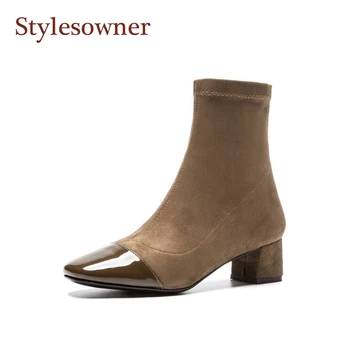 

New Korean Style Caramel Black Lady Short Boots 4cm Chunky Heel Comfortable Squared Toe Elegant Bootie 2020 Autumn Winter Boots