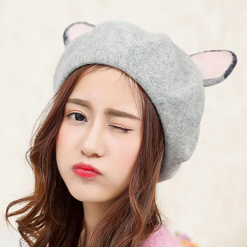 

Princess sweet lolita Hat vintage handmade cat's ear hat true real woolen warm winter beret manual wool beret