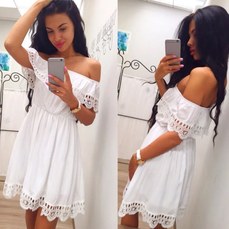 

2019 Fashion Women Elegant Vintage ace white Dress sweet Stylish Sexy Slash Neck Casual Slim Beach Summer Sundress vestidos