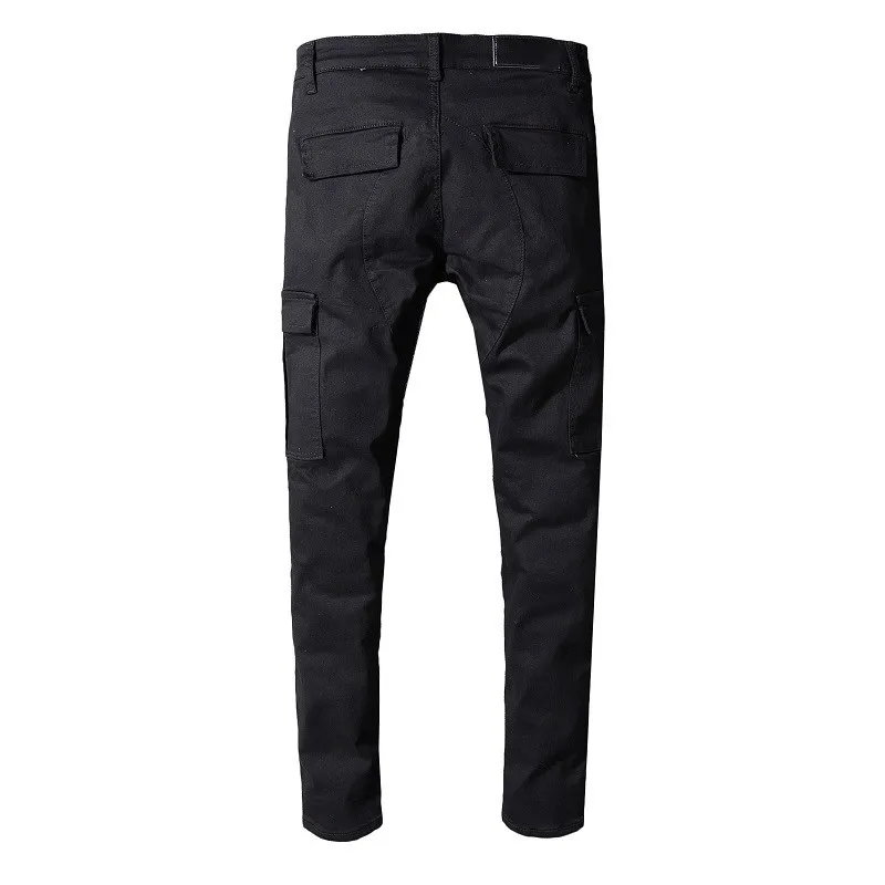 Fashion Mens Jeans Distressed Slim Pants Embellished Ribbed Stretch Pants Black Men Biker Jeans Slim Trousers Men Clothes