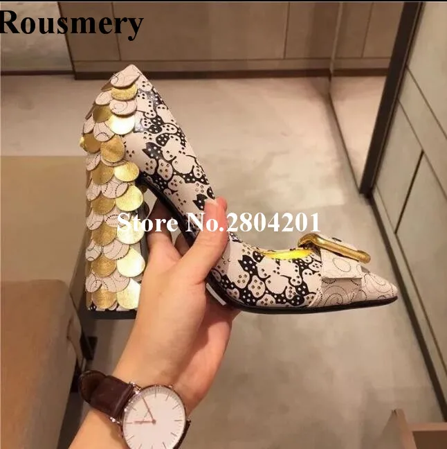 

Rousmery Gold Scales Embellished Lady Party Pumps Shallow Patchwork Chunky Heel Big Buckle Strap Street Dress Shoes Women