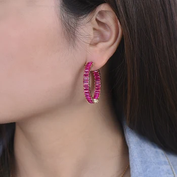 

35*37 mm Trendy Hotpink Hoop Earrings Wedding Jewelry For Indian Women Cubic Zirconia Inlaid Earrings Jewelry boucle d'oreille