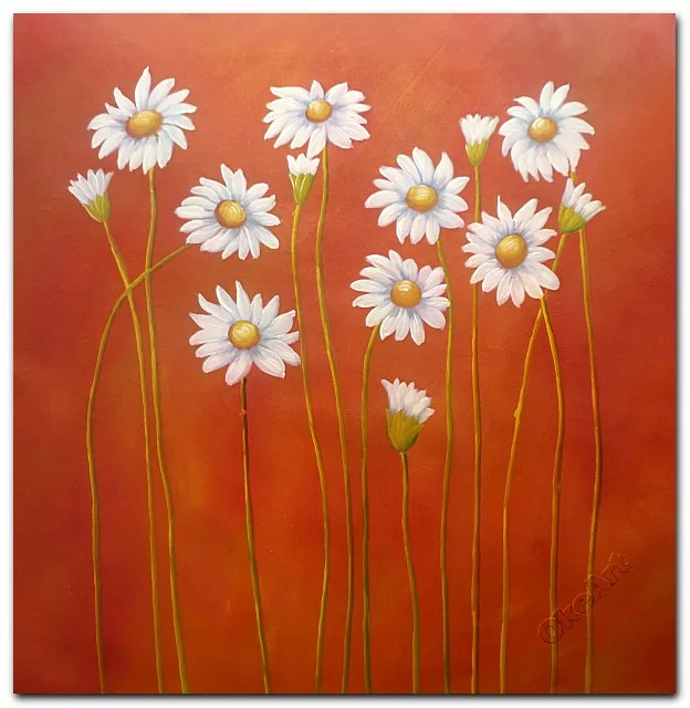 Handmade Abstract Painting Flowers White Flower In Red Background Home