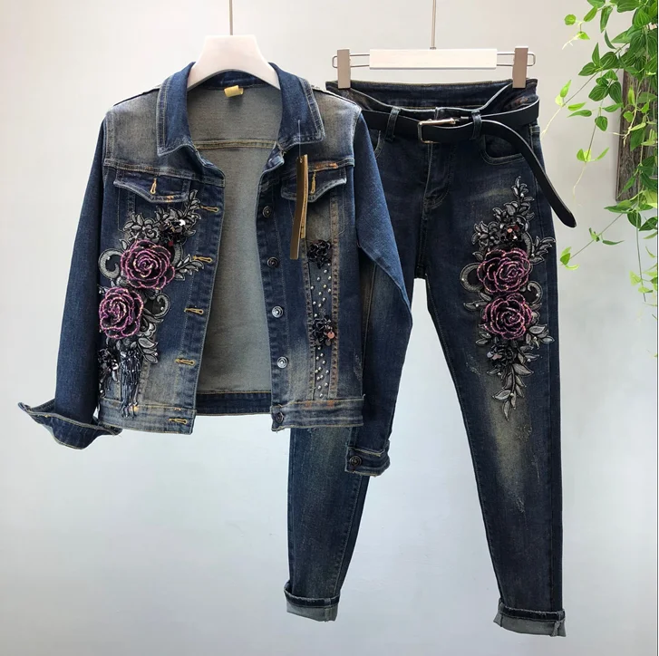 2019 Spring Autumn Woman Long-sleeve Denim Jackets Embroidered Coat + Dark Blue Retro Jeans Two Piece Sets Slim Pencel Pants Set plus size pjs Women's Sets