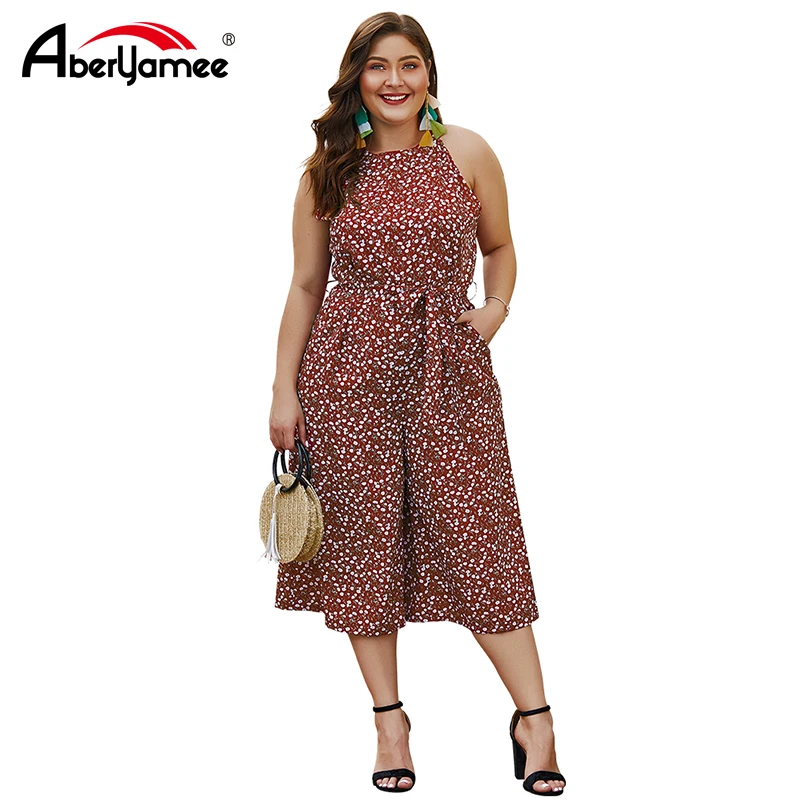 

Plus Size Sleeveless Jumpsuit Female Rompers Red Plus Size 3XL 4XL Women Playsuits Off Shoulder Sashes Pockets Femme Bodysuits