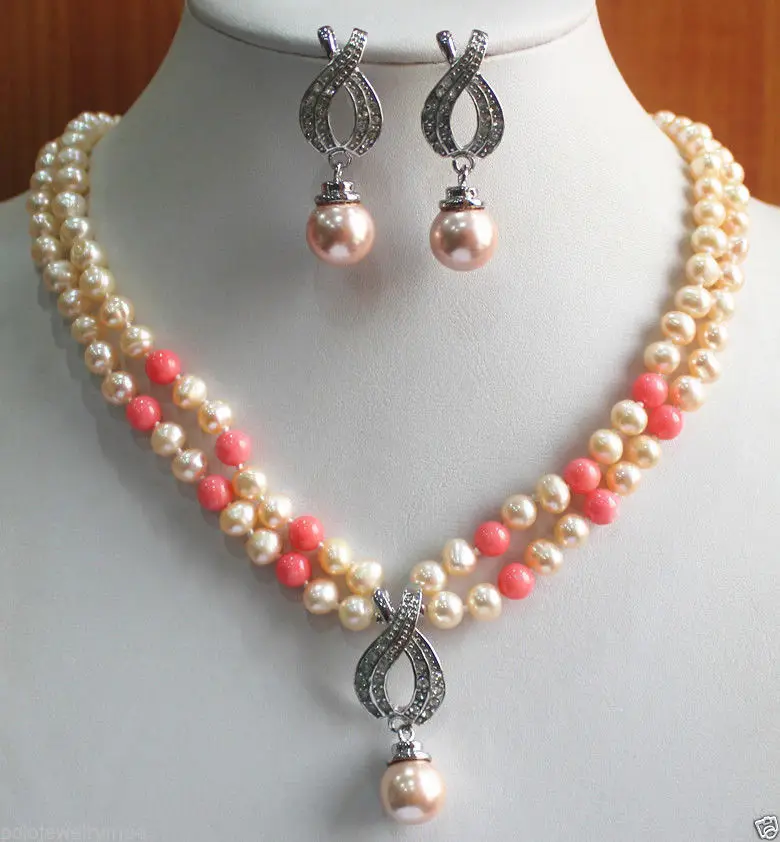 

New Jewelry 2 Rows Yellow/Orange Shell Pearl/Jade Necklace Earring Pendant set