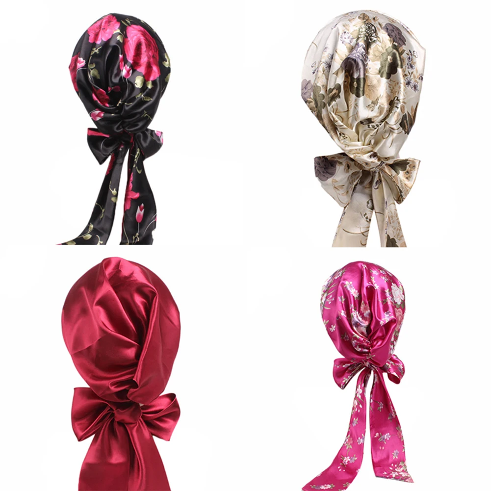

Women Satin Printed Sleep Cap DIY Streamers Bow Headbands Turban Floral Leopard Dots Silk Bandana Elegant Long Tail Chemo Cap