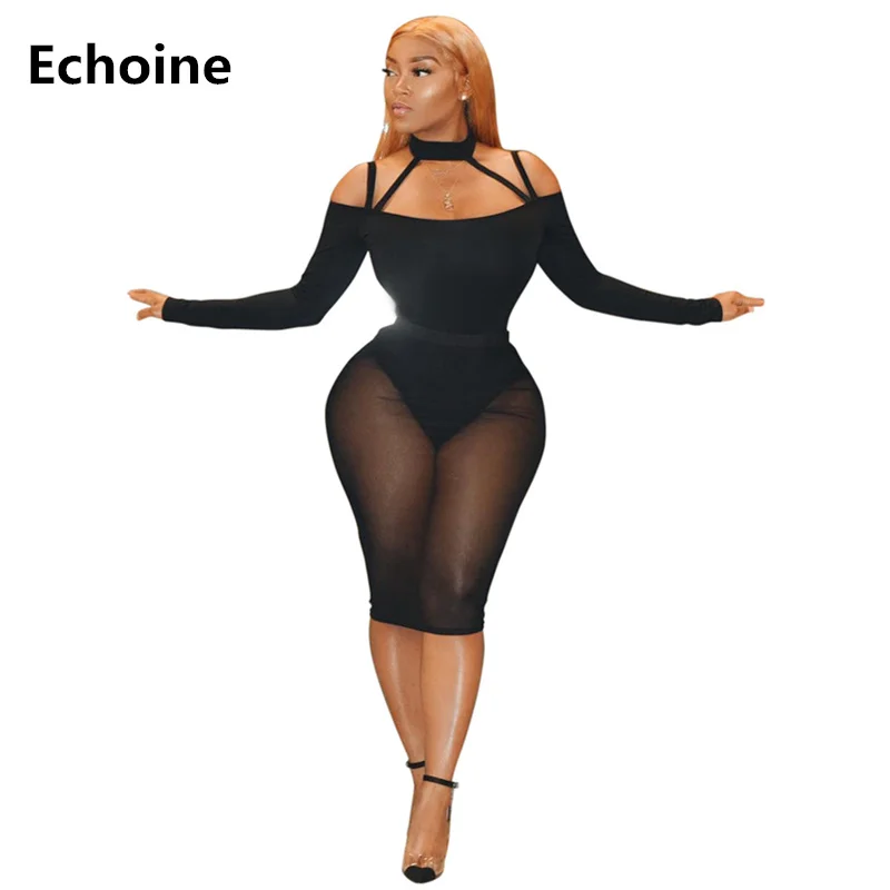 

Sexy Sheer Mesh Off Shoulder Two Piece Set Elegant Party Spaghetti Strap Top Skirt Set Bodycon Slim Hollow Out Club Outfit