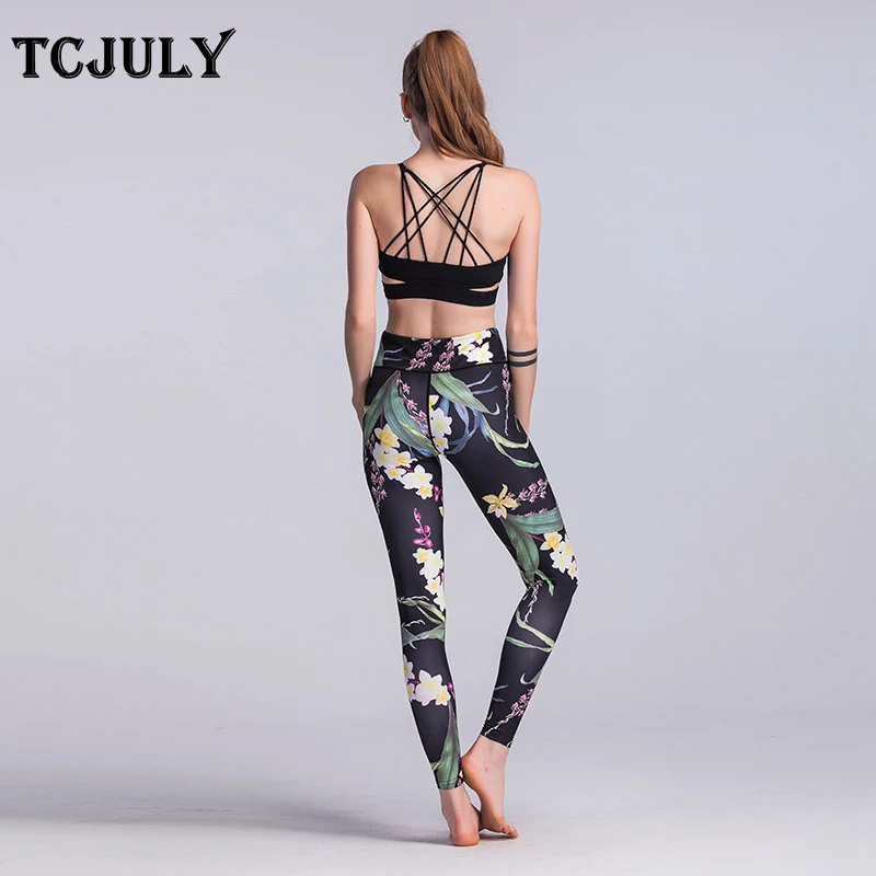 TCJULY модные Broadcloth Высокая талия с цветочным принтом для женщин тренировки Леггинсы для быстросохнущая облегающие эластичные брюки Тощий Push