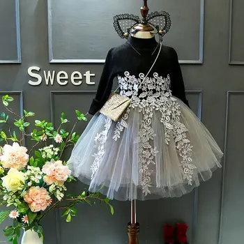 

Kids Dresses For Girls Long-Sleeved Embroidered Flower Dress Autumn Pettiskirt New Girl Knit Stitching Dress Princess Dress