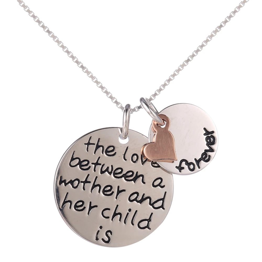 Sterling Silver the love between a mother and her child is forever Letter Heart Pendant Necklace