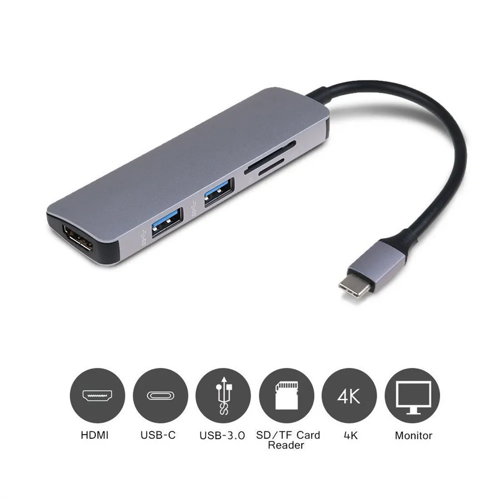 

Type-C USB 3.0 to 4K HDMI USB 3.0 SD TF Card Reader 5in1 Hub Adapter for Macbook
