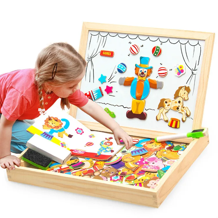 

100+PCS Wooden Magnetic Puzzle Figure/Animals /Circus Drawing Board 5 styles Box Educational Toy Gift