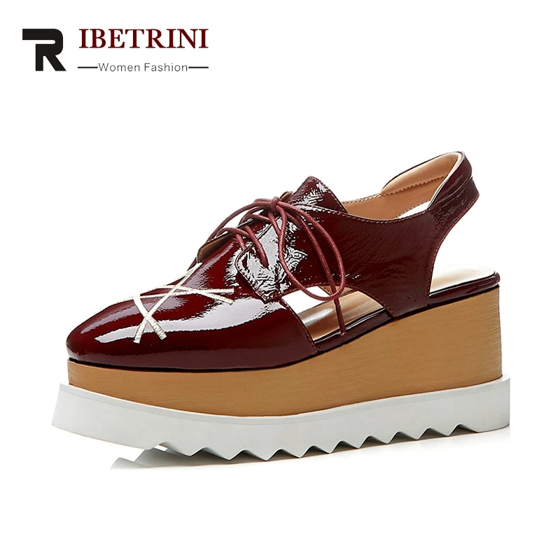 

RIBETRINI Large size33-42 Cow Genuine Leather Wedge Heel Platform Women Sandals Lace Up Print Flower Shoes Woman