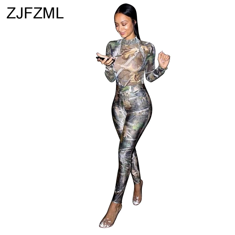 Colorful Print Sexy Jumpsuit For Women Long Sleeve High Necked Skinny Full Length Romper Casual Ladies Back Zipper Party Overall
