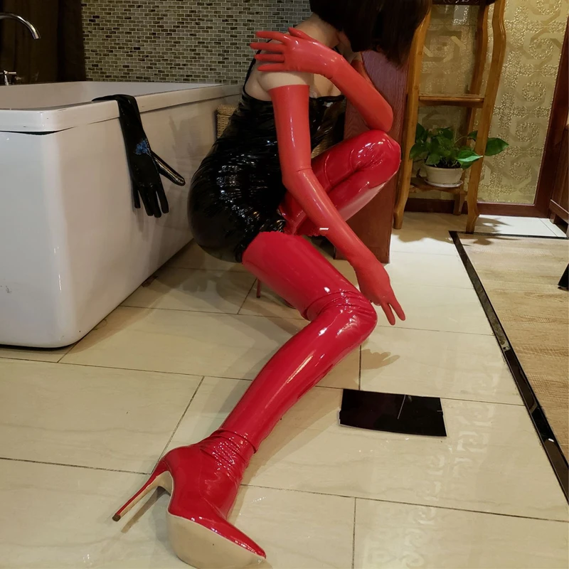

Hot women's boots in 2019 big size 22.5-28cm length super high heel Patent leather over-the-knee boots Fashion personality sexy