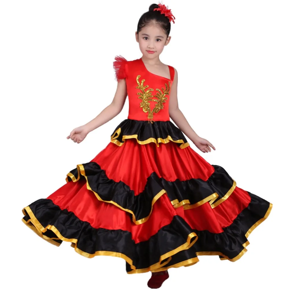 Kids Girls Red Belly Dance Dress Spanish Flamenco Costume Ballroom Tribal Dress Head Flower