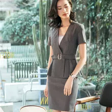 Элегантный серый форменный стиль блейзеры салон красоты рабочие наборы с 2 шт. топы и Юбка Для Женщин Офисная Рабочая одежда плюс размер