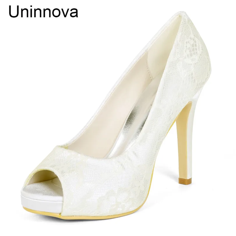 

Ivory White Bridal Bridesmaid Pumps Peep Toe Platform Lace Satin Elegant Evening Party Pumps Super Heel Uninnova 6041-02LS