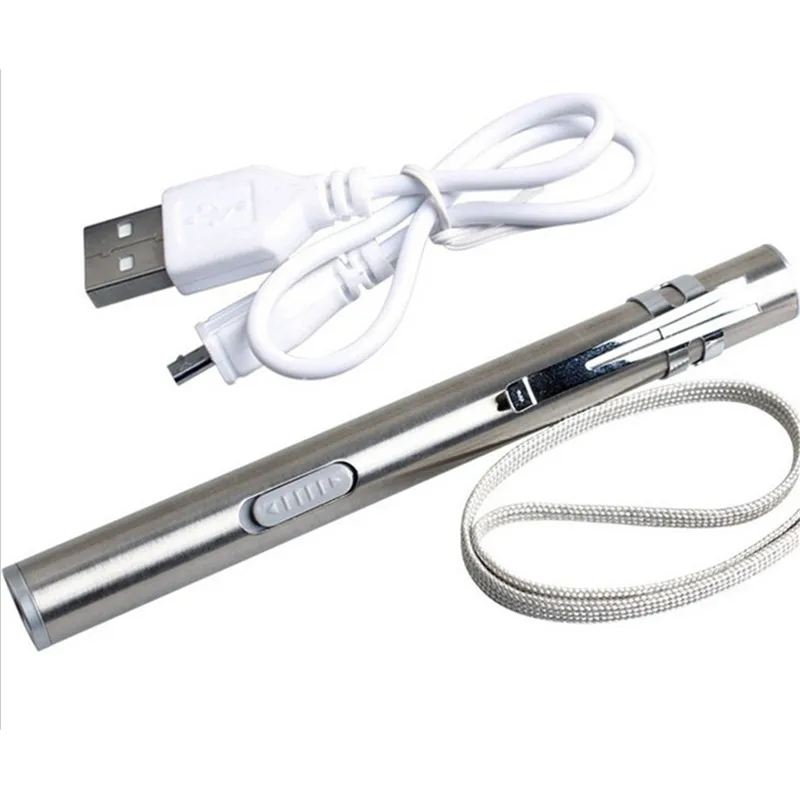 

Portable USB Rechargeable LED Flashlight Stainless steel Mini LED Torch Waterproof Design Pen Hanging With Metal Clip Sliver
