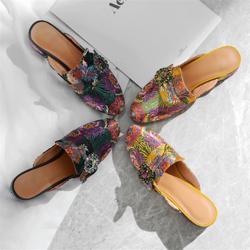 Ouqinvshen Embroider Mules Shoes Women Big Size 34-43 Round Toe Square Heel Party Summer Slippers Crystal Fashion Women Heels Ouqinvshen Embroider Mules Shoes Women Big Size 34-43 Round Toe Square Heel Party Summer Slippers Crystal Fashion Women Heels