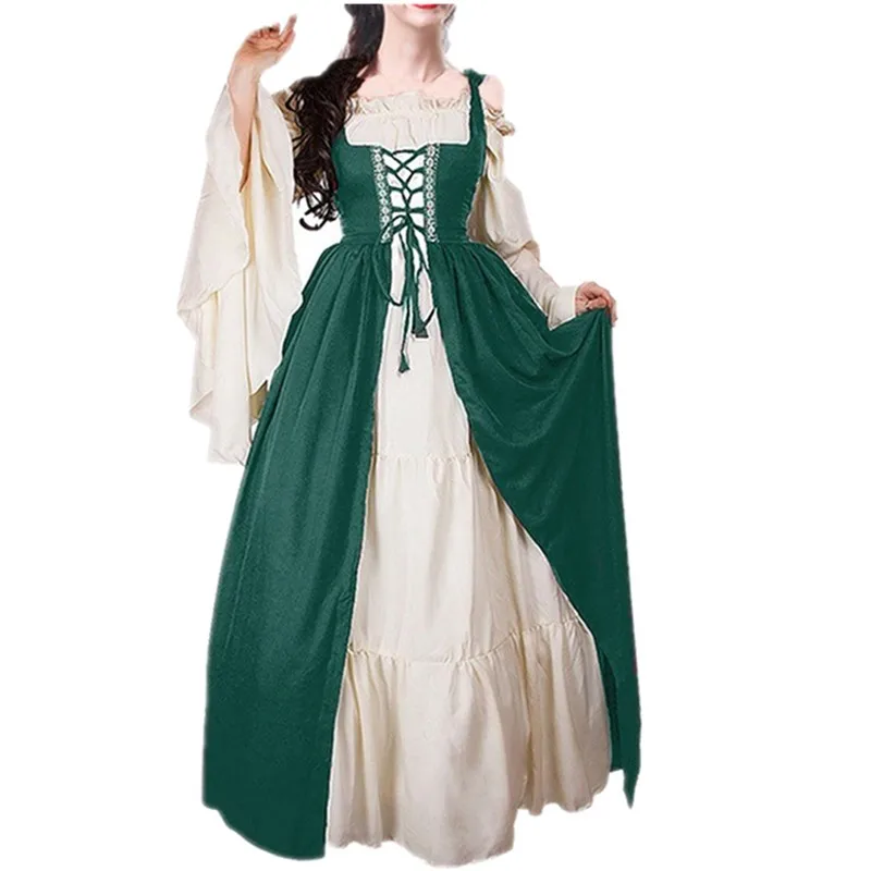 

Spring Vintage Medieval Style Frill Lace Red Green Long Dress Vestidos Festive Clothes Party Dress Bundled Corset Two-piece Suit