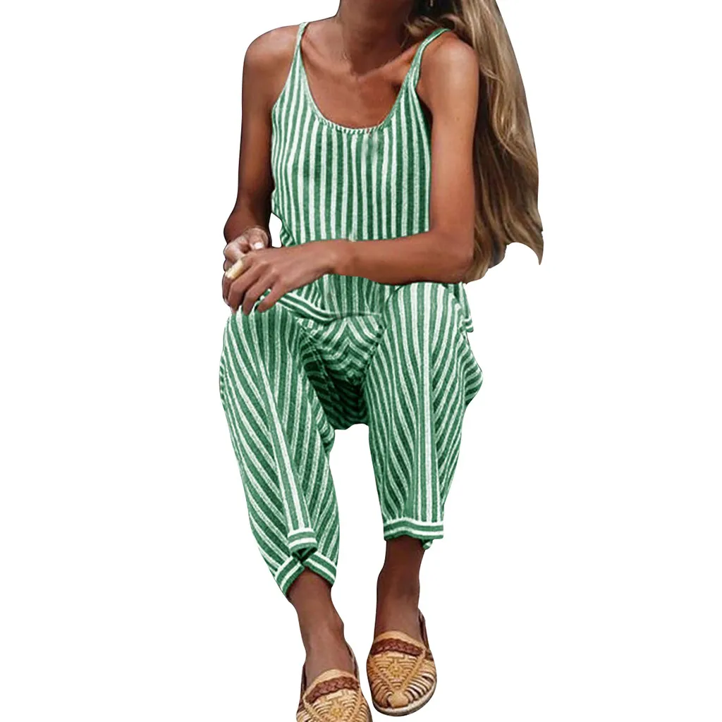 Зеленый Women Striped Print Wide Leg Sleeveless Jumpsuit summer Ladies o neck Evening Party Playsuit Summer loose beach short Jumpsuit - Цвет: Зеленый