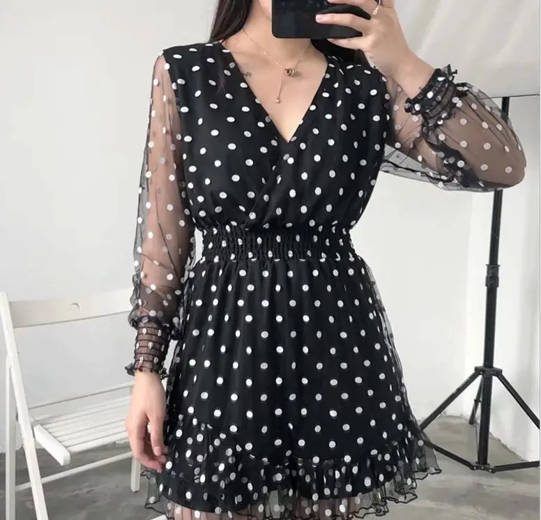 

HCBLESS New Women's V-neck elastic waist mesh stitching polka dot dress sweet dress