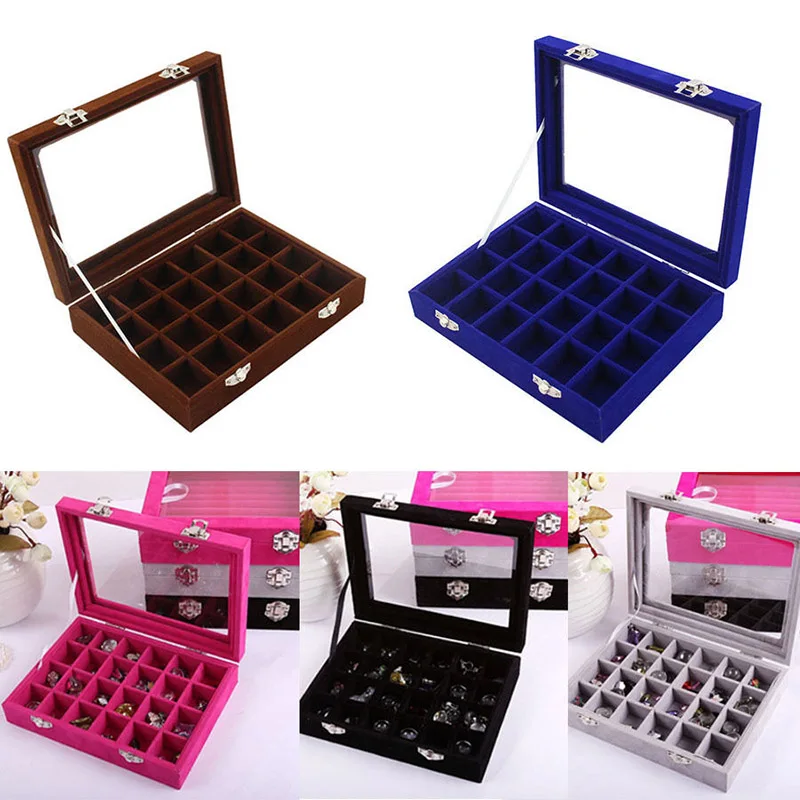 24cells Velvet Glass Jewelry Box Earring Ring Display Organizer Boxes Tray Holder Storage Case Balck Rose Red Blue Gray Coffee (3)