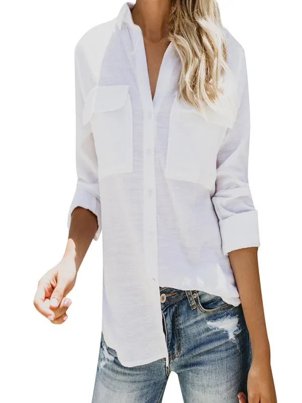 2019 New Shirt Women Cotton linen Casual Solid Long Sleeve Shirts Blouse Button Down Tops Female Clothes Autumn Fashion
