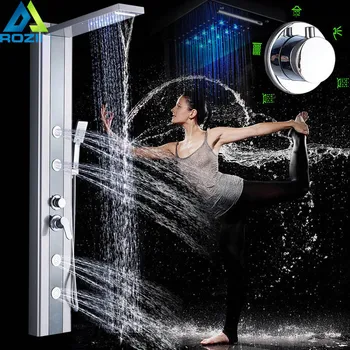 

LED Light Shower Panel Tower Brushed Nickel Shower System 3 Function Handshower SPA Massage Sprayer Jet Bath Shower Mixers