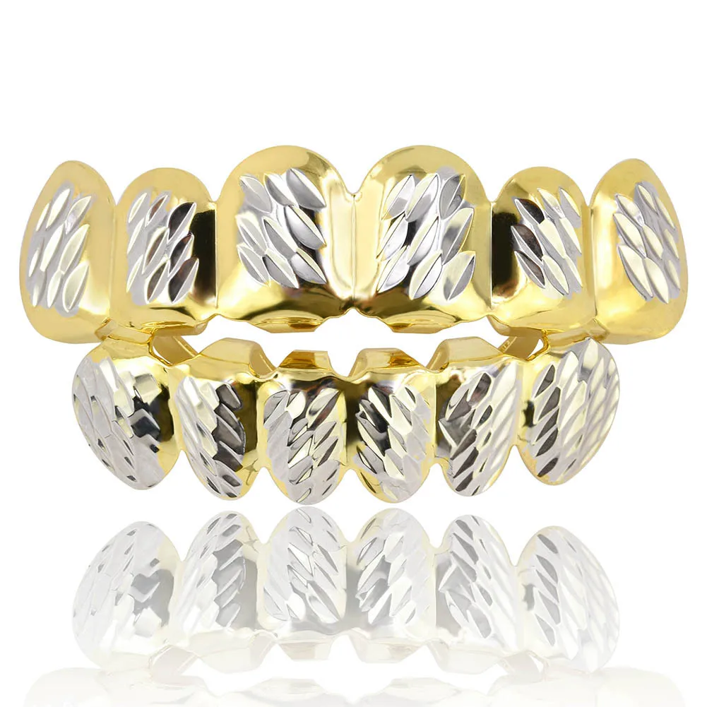 

iced out Gold and Silver Dlampnd Cut 6 Tooth Top Bottom Grillz Teeth Caps Tooth Hip Hop Dental GRILLs Set Party Jewelry trendy
