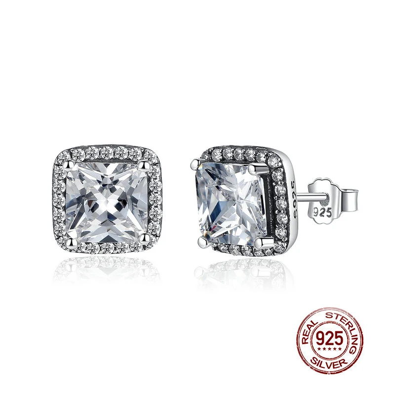 

925 silver 7mm square & clear CZ Earrings,925 Silver Women Jewelry,100% 925 Sterling Silver Cut CZ Zirconia Small Stud Earrings