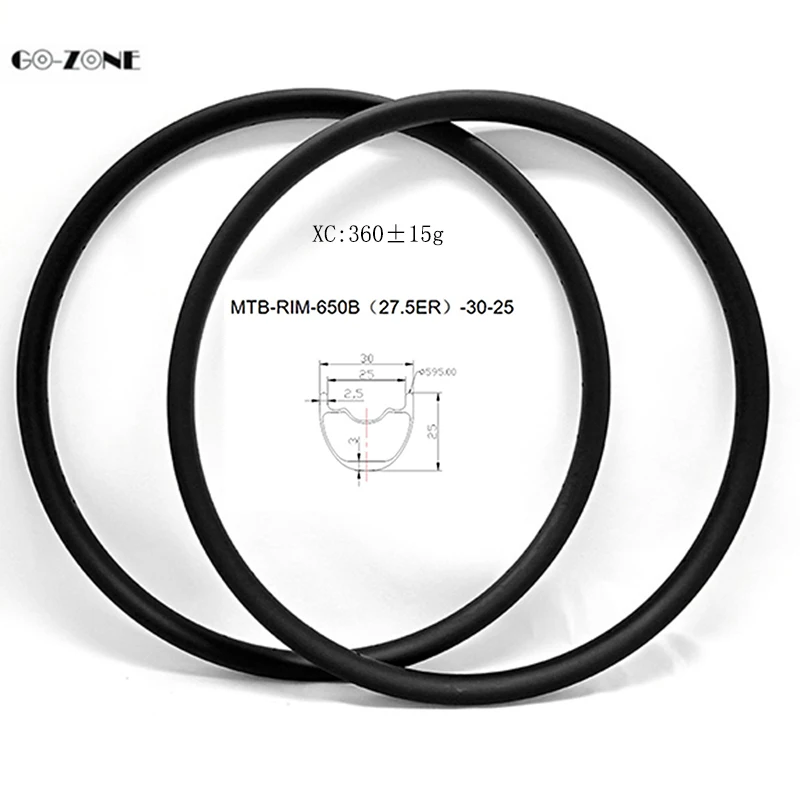 Go-zone 27.5er mountain bicycle rims XC 30 x 25mm tubeless disc brake 650b MTB carbon rim 24H 28H 32H 36H