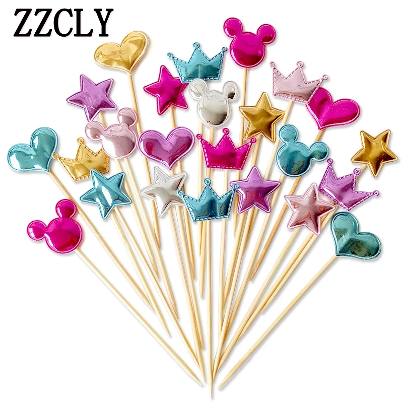

5pcs PU Leather Heart Star Crown Mickey Head Cake Topper For Birthday Cupcake Flag Baby Shower Party Wedding Decoration Supplies