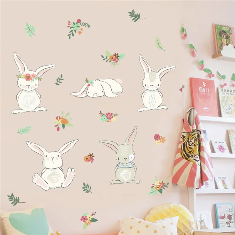 Lovely Rabbit Wall Stickers For Kids Room Decoration Cartoon Animals Bunny Mural Art Diy Home Decals Posters Children Gift