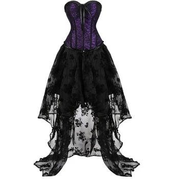 

bustier corset dresses high and low skirt set tulle long lace stripe corset plus size gothic burlesque korsett for women black