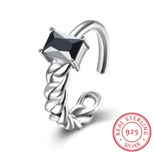 Vintage Jewelry 925 Sterling Silver Finger Rings for Women Black Rhinestone Stone Twist Adjustable Statement Ring