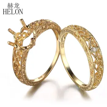 

HELON Worth! Art Deco Style Solid 14K Yellow Gold 7.5-8MM Round Shape Semi Mount Ring & Match Band Diamond Ring Wedding Set