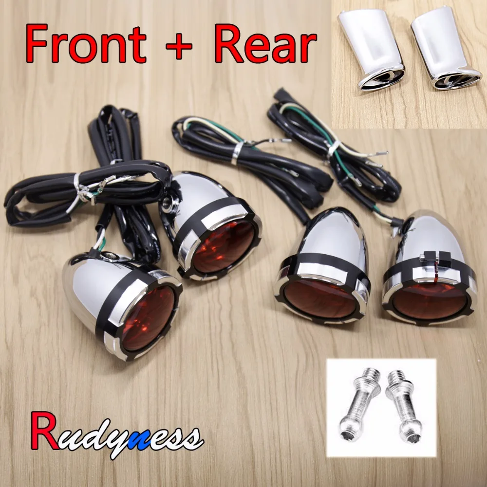 

Front+Rear Chrome Red Bullet Turn Signals&Trims&Long Bracket For Harley Sportster XL 883 1200 Models