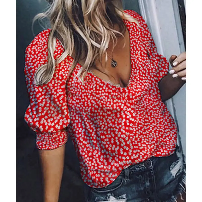 

Womens Bohe V-Neck Short Sleeve Floral Print Tops Casual Summer Blouse
