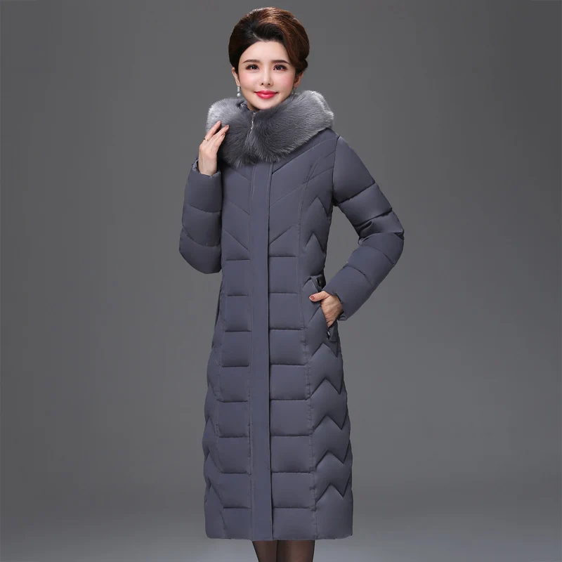 Женская зимняя куртка размера плюс 4XL 5XL 6XL, теплая плотная куртка с капюшоном и меховым воротником, Женская длинная парка, пуховое пальто высокого качества - Цвет: Blue grey