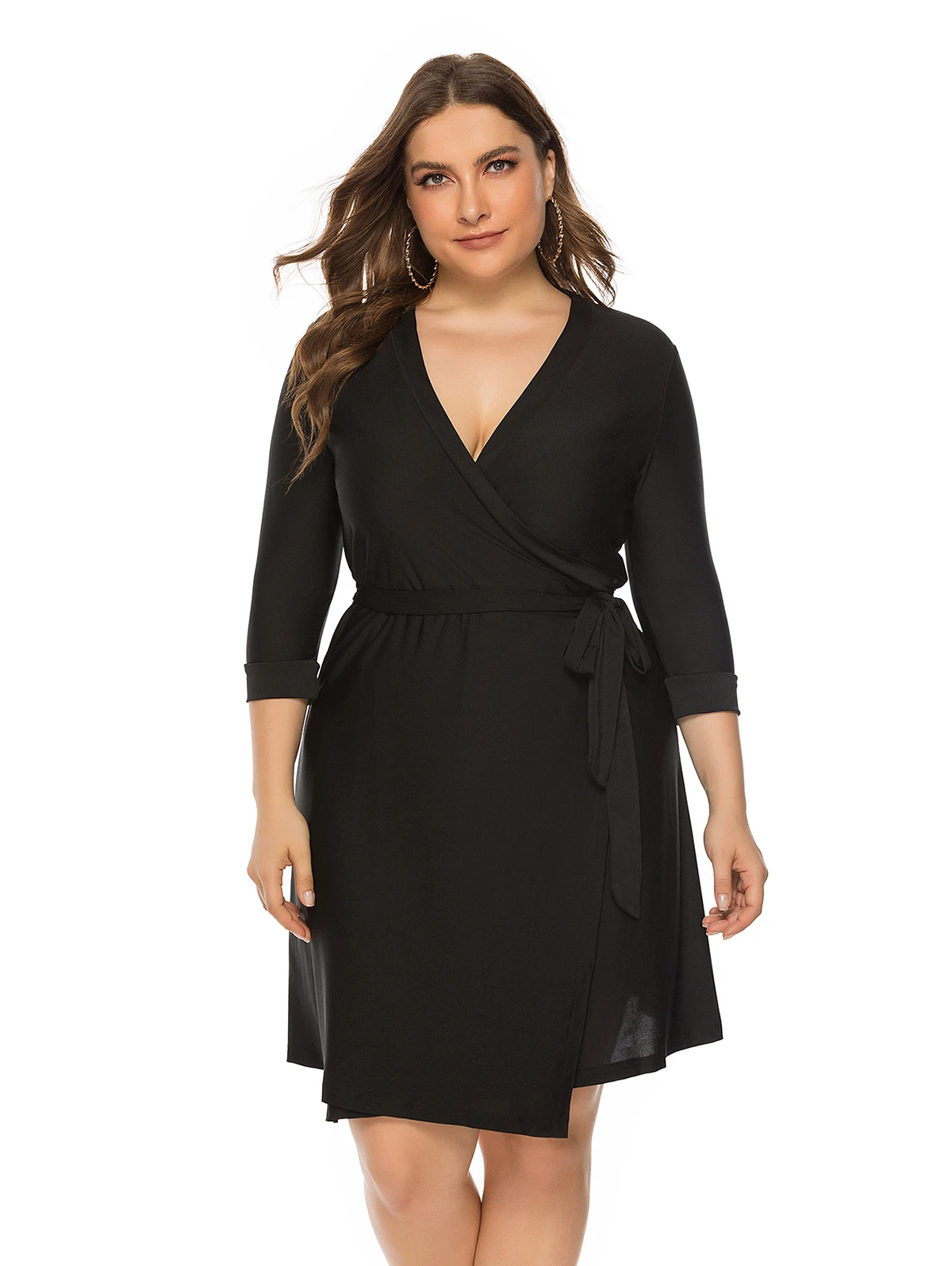 

Wipalo Women Plus Size V Neck Three Quarter Sleeves Belted Wrap Dress Female Spring Autumn Casual Dress Ladies Big Size Vestidos