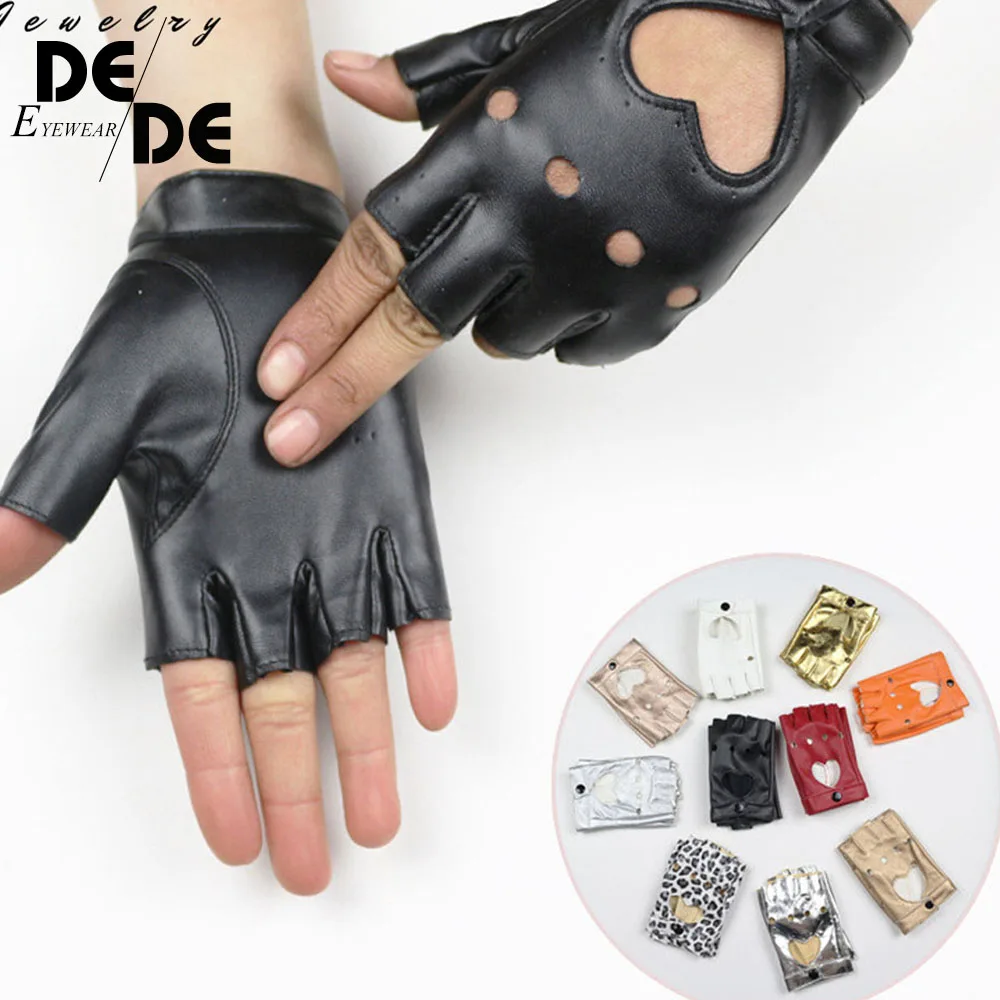 

DesolDelos Women's Semi Finger Hip Hop Gloves Lady's Leather Heart Cutout Sexy Fingerless Gloves Girls Performance Dancing Glove