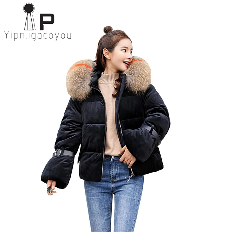 Ladies Down Jacket Winter Fashion Big Fur Collar Hooded Jacket Thick and Cotton Warm Mid-length Jacket