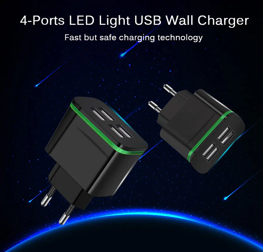 USB Charger for iPhone Samsung Xiaomi Huawei 5V 4A EU Plug 4-Ports Universal wall Fast Charge LED Light Mobile Phone charger 5v 1a usb