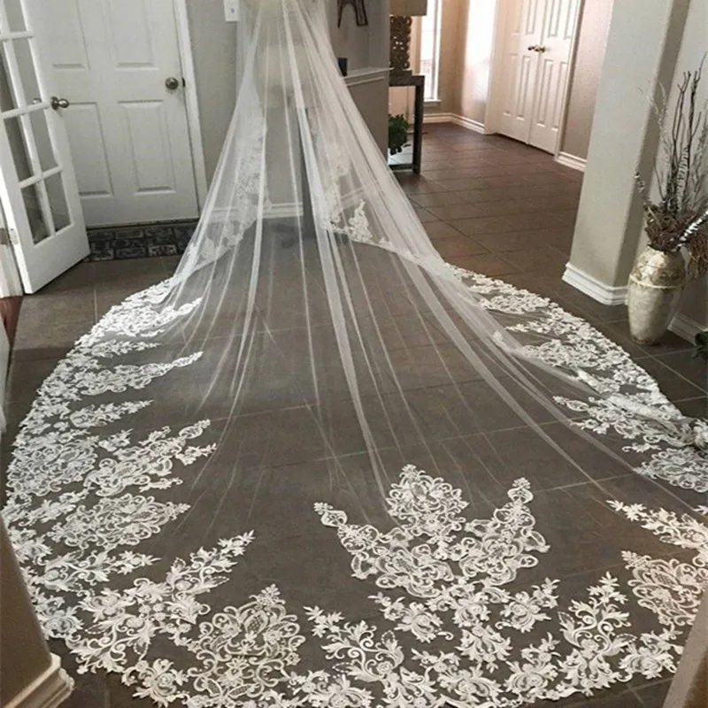 New 3m 1t Long Cathedral Length Lace Applique Wedding Bride Veil